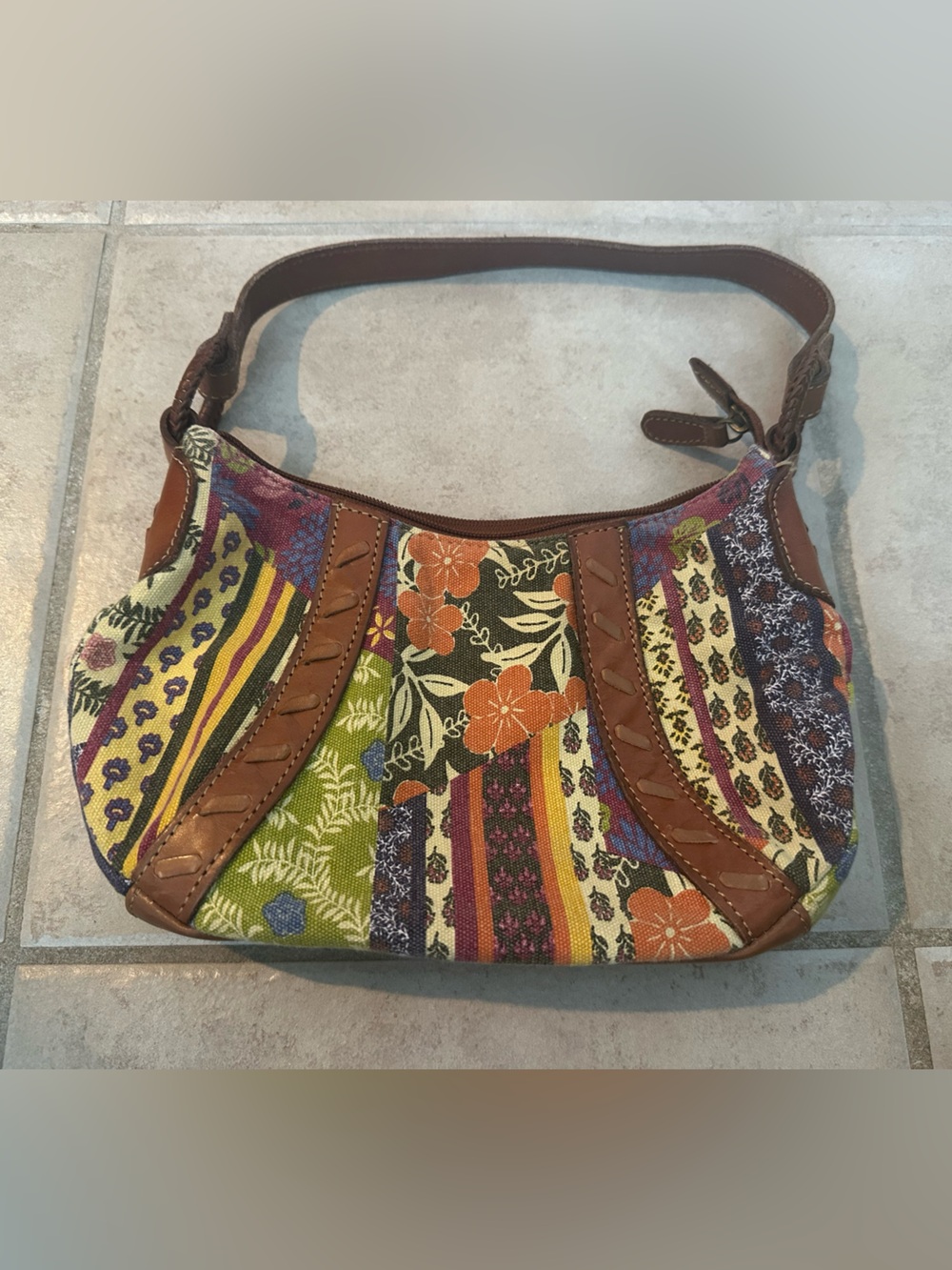 Fossil Multicolor Floral Patchwork Vintage Shoulder Bag with Brown Trim